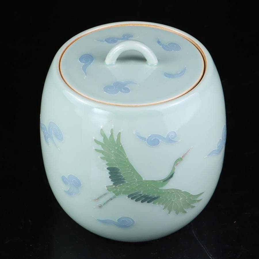 Y3122-29 茶道具 砥部焼 陶詩窯 山下勇 造 鶴文水指 共箱　　さ