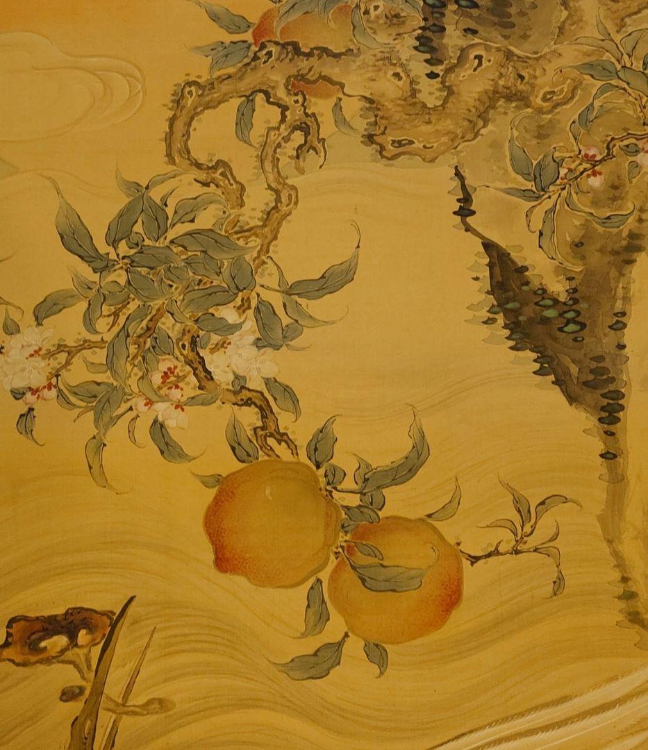 瀧和亭 貞信 海鶴蟠桃図 掛軸 箱書有 大判 明治期