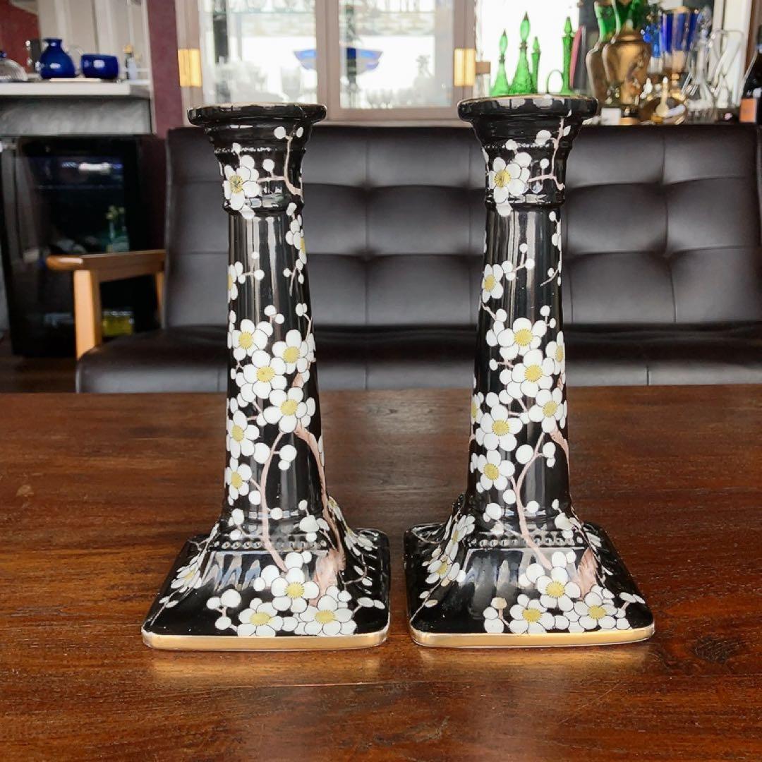 オールドノリタケ 手彩絵黒地梅文 アンティーク燭台 金縁 アンティーク