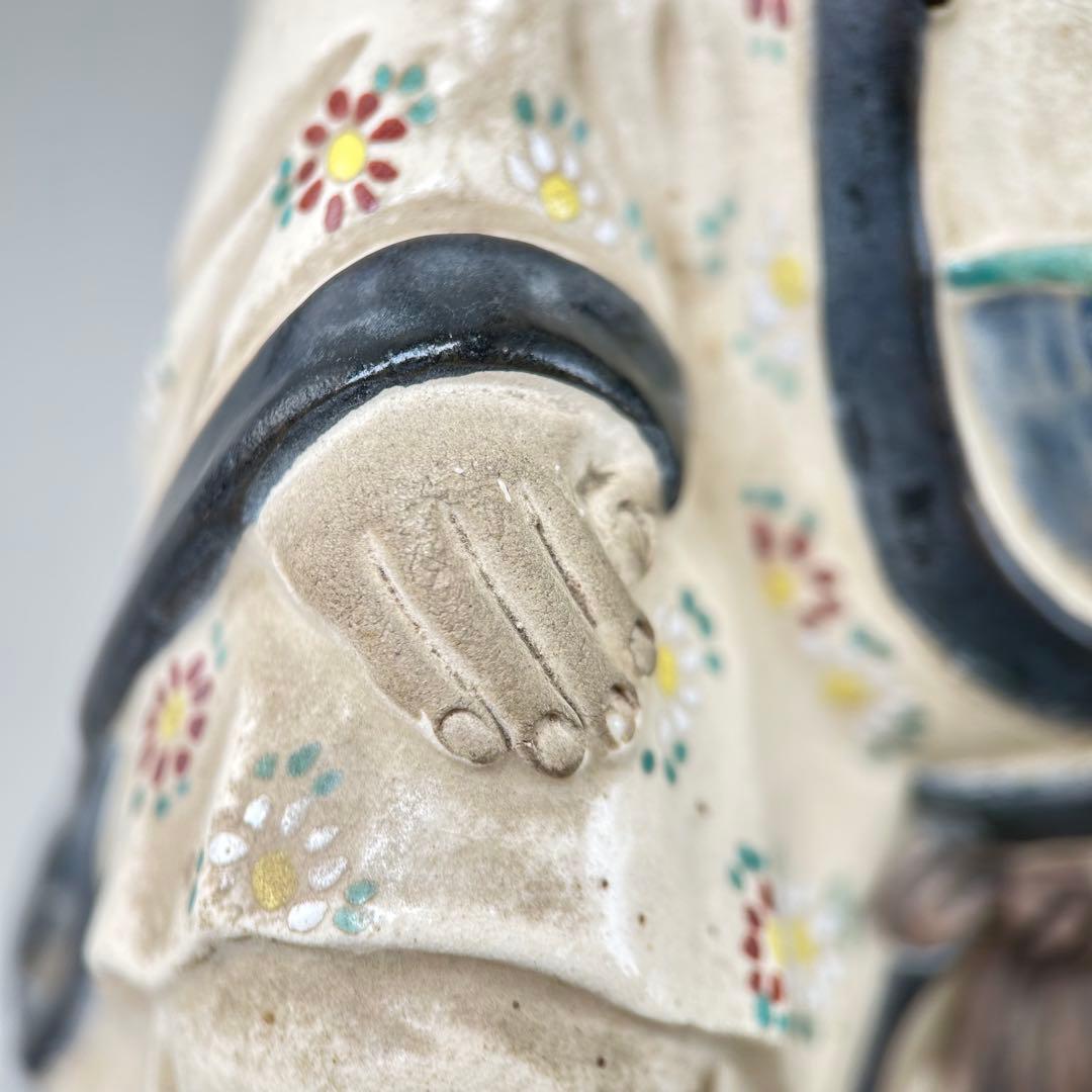 【平安竹泉】作 菊花仙俵着彩八十翁福禄寿 陶像 七福神 縁起物 昭和レトロ 置物