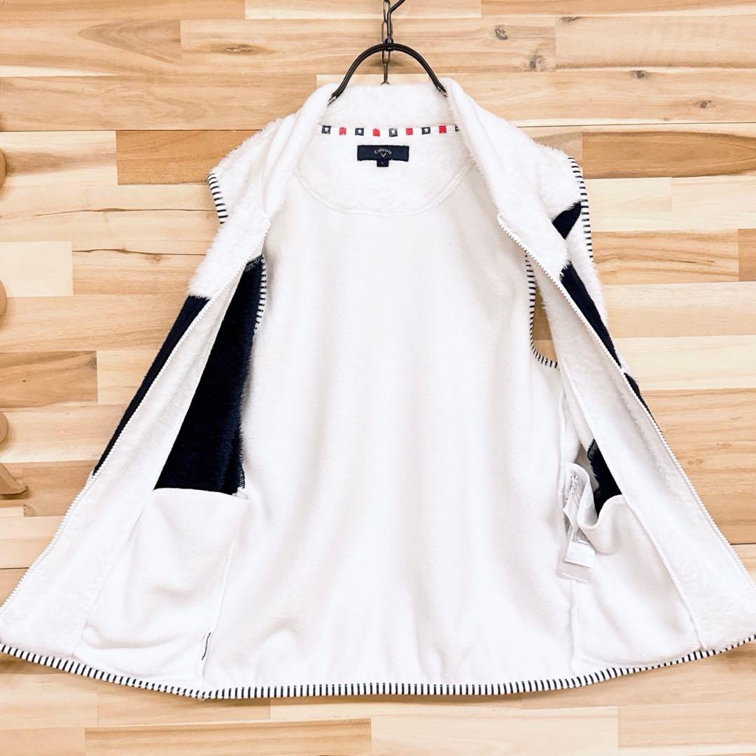 【キャロウェイ】ゴルフ ファー フリース 切り替えベスト ベア ワッペン L 白