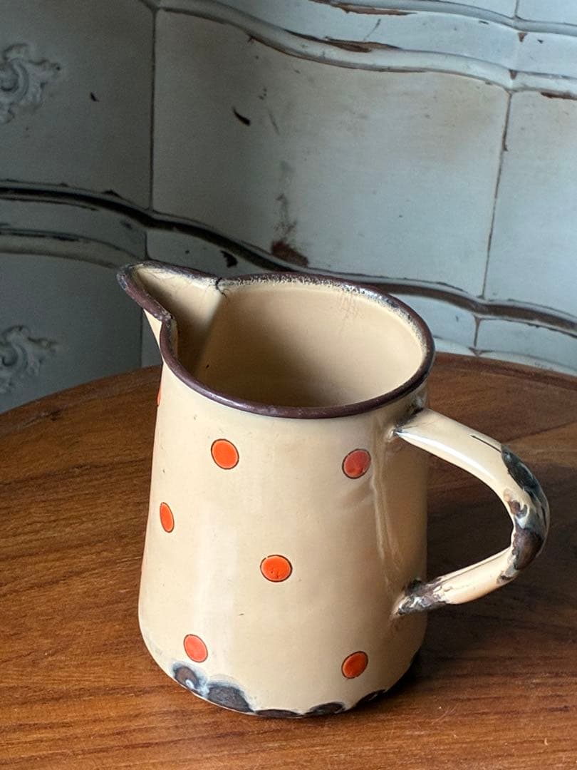 フランス　アンティーク　ホーロー　ピッチャー　ジャグ　ポルカ　ドット　水玉　レア