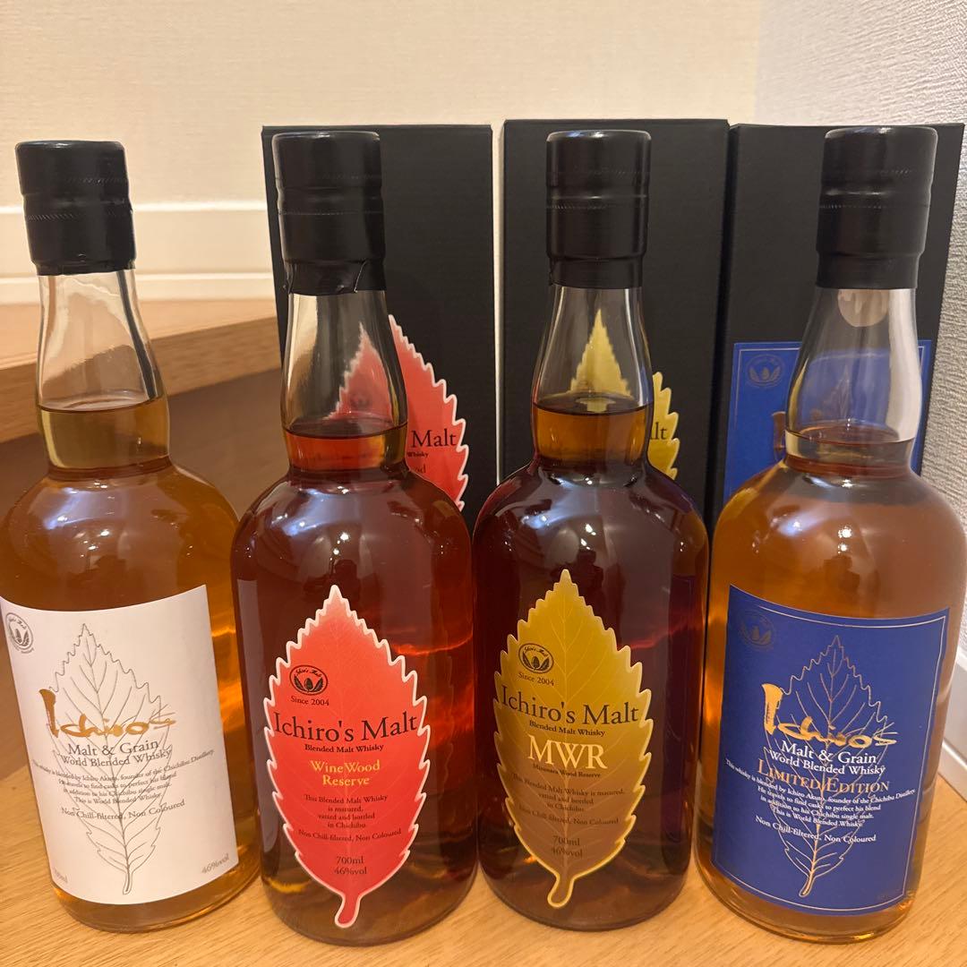 イチローズモルトミズナラ1本ワインウッド1本リミテッド、ホワイトラベ4本セット。