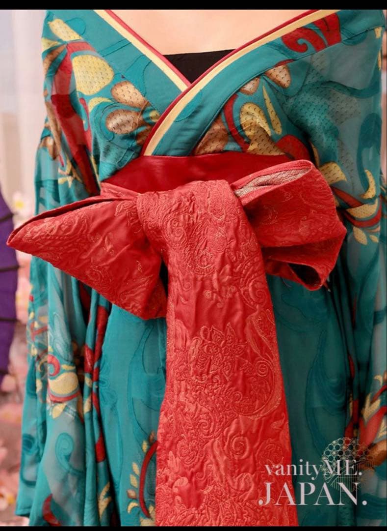青と赤の花柄和装コスプレ衣装　ハロウィン・ダンス・舞台用に