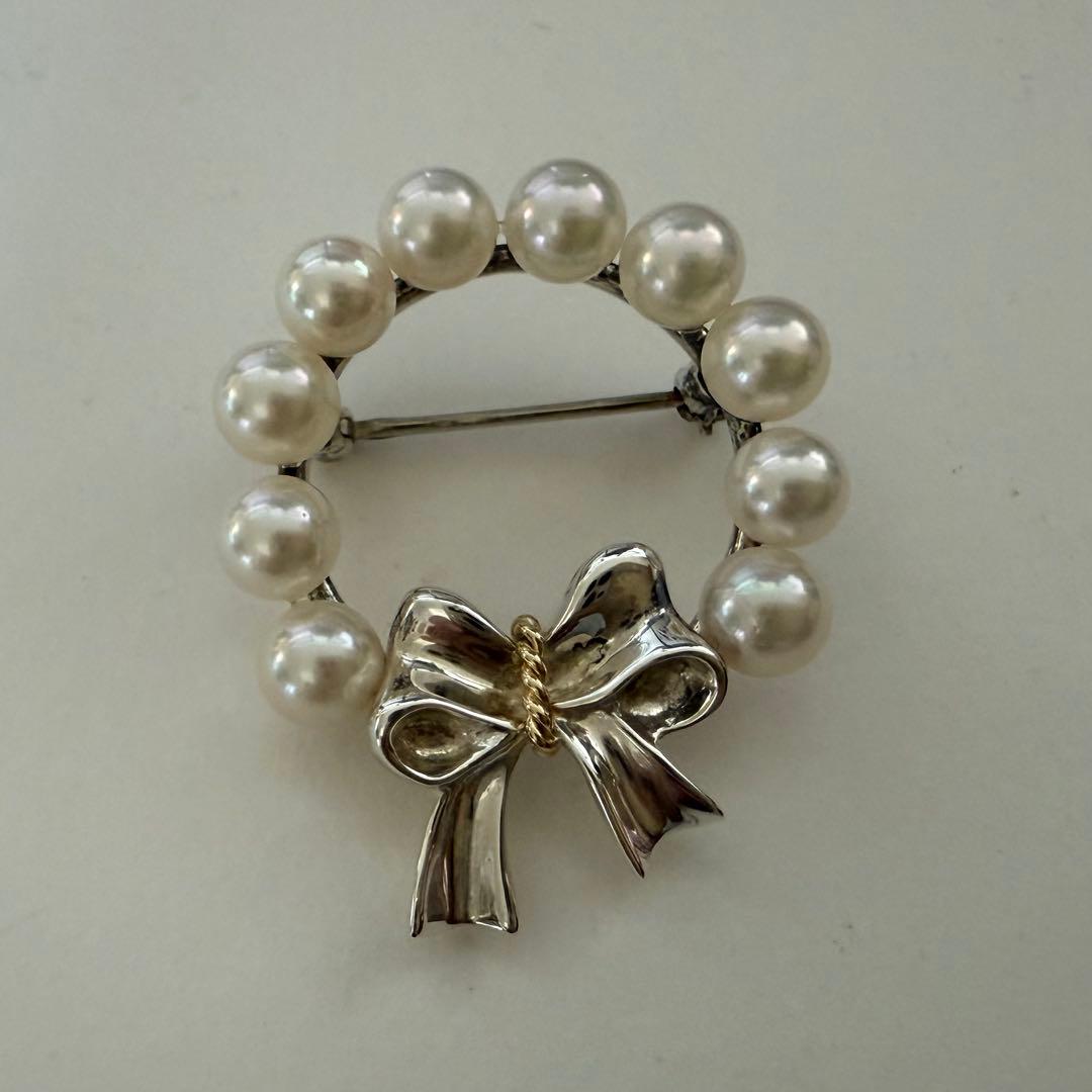 ティファニー925/750アコヤパールリボンリースブローチ　共箱付き