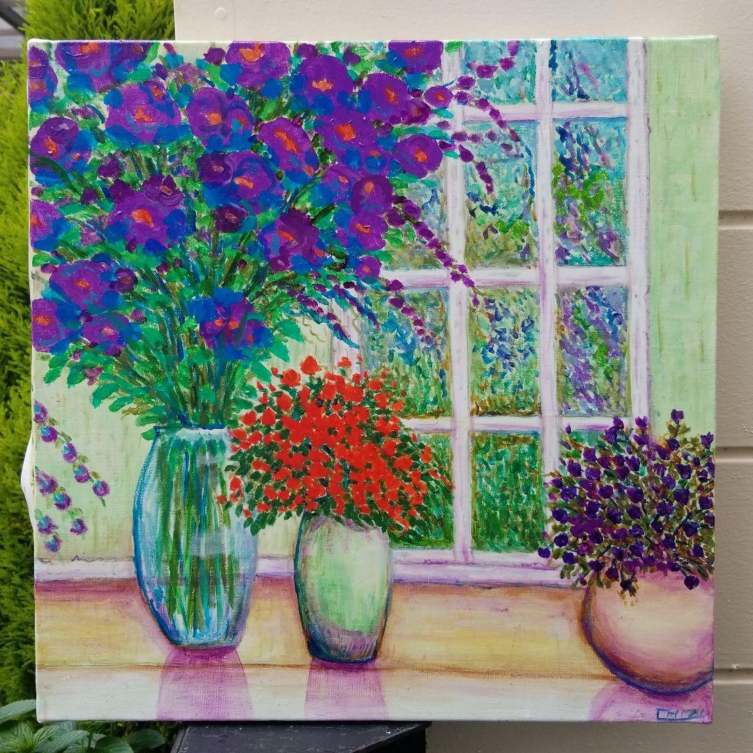 キャンバス油絵　よっこ確認　窓辺に並べたお花　大きめキャンバス