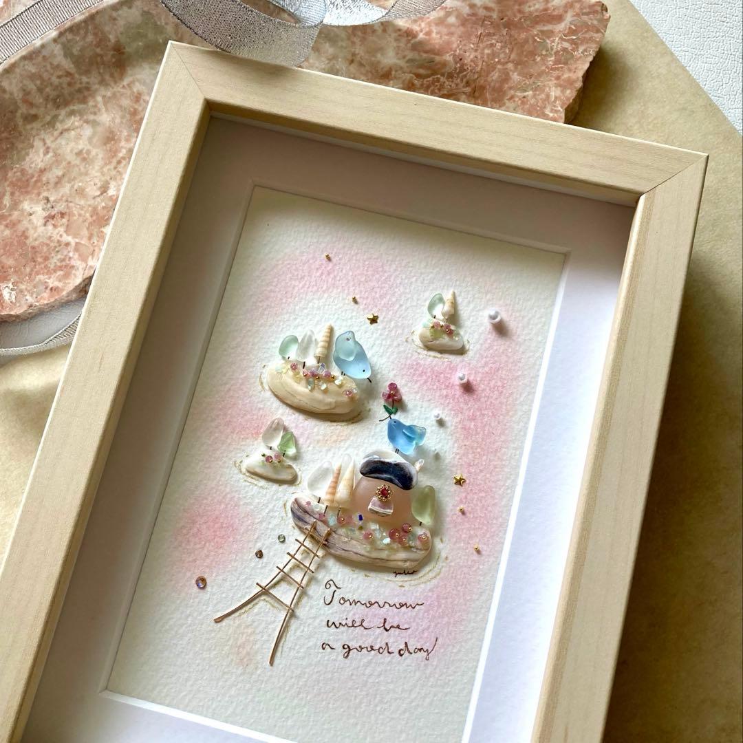 雲の上の出逢い　シーグラス／天然石／フレームアート／鳥