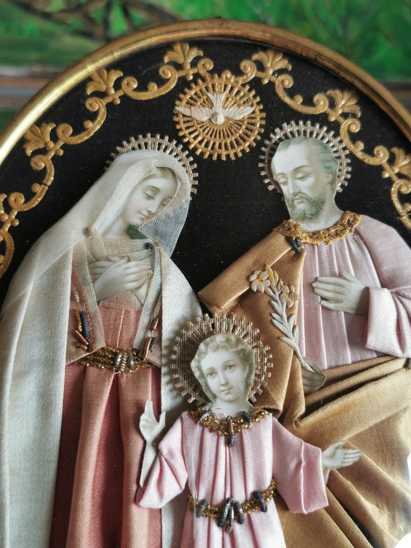 アンティークベルギー 聖家族の布肖像イコン ドーム ボンベガラス マリア イエス