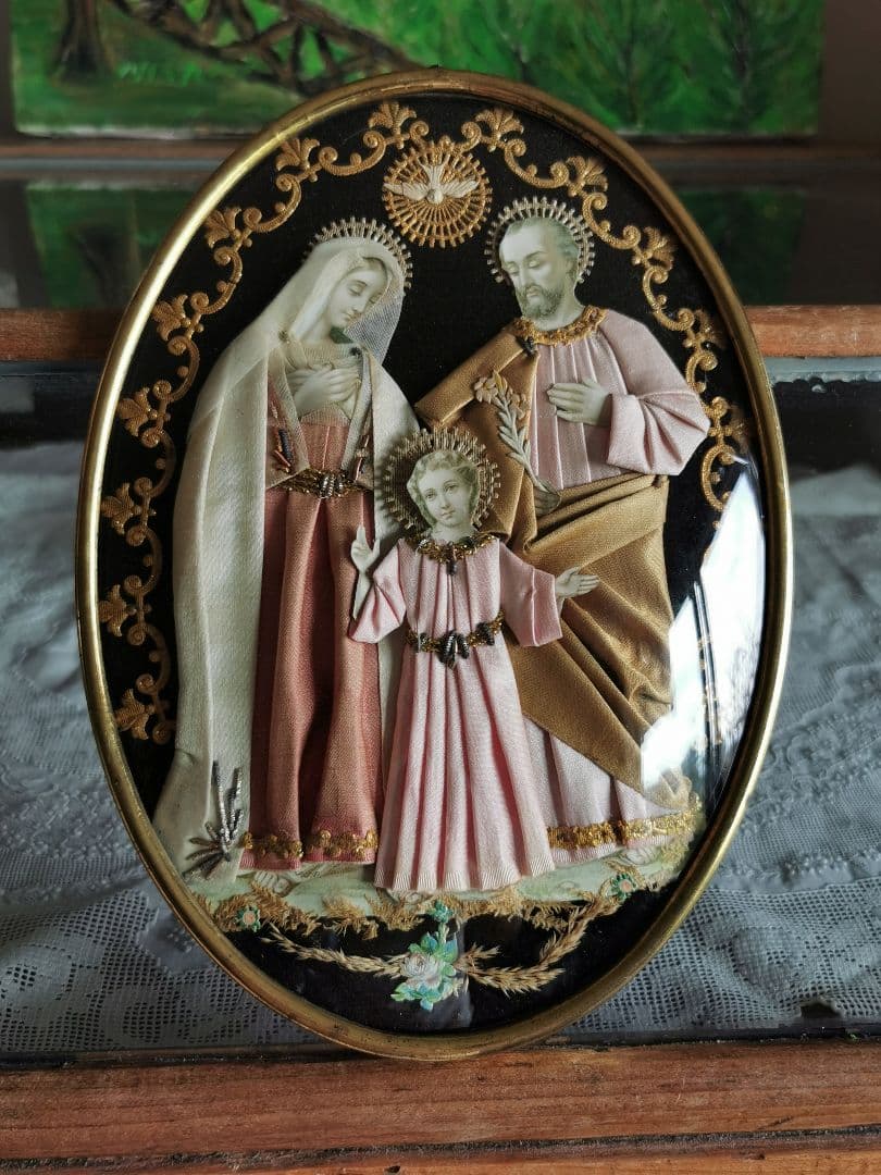 アンティークベルギー 聖家族の布肖像イコン ドーム ボンベガラス マリア イエス