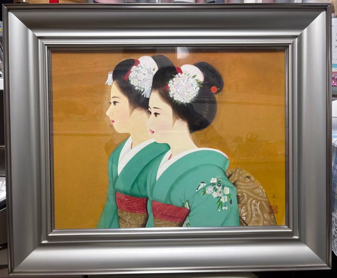 日本画 双子の舞妓シルバーフレーム　清水達三　作