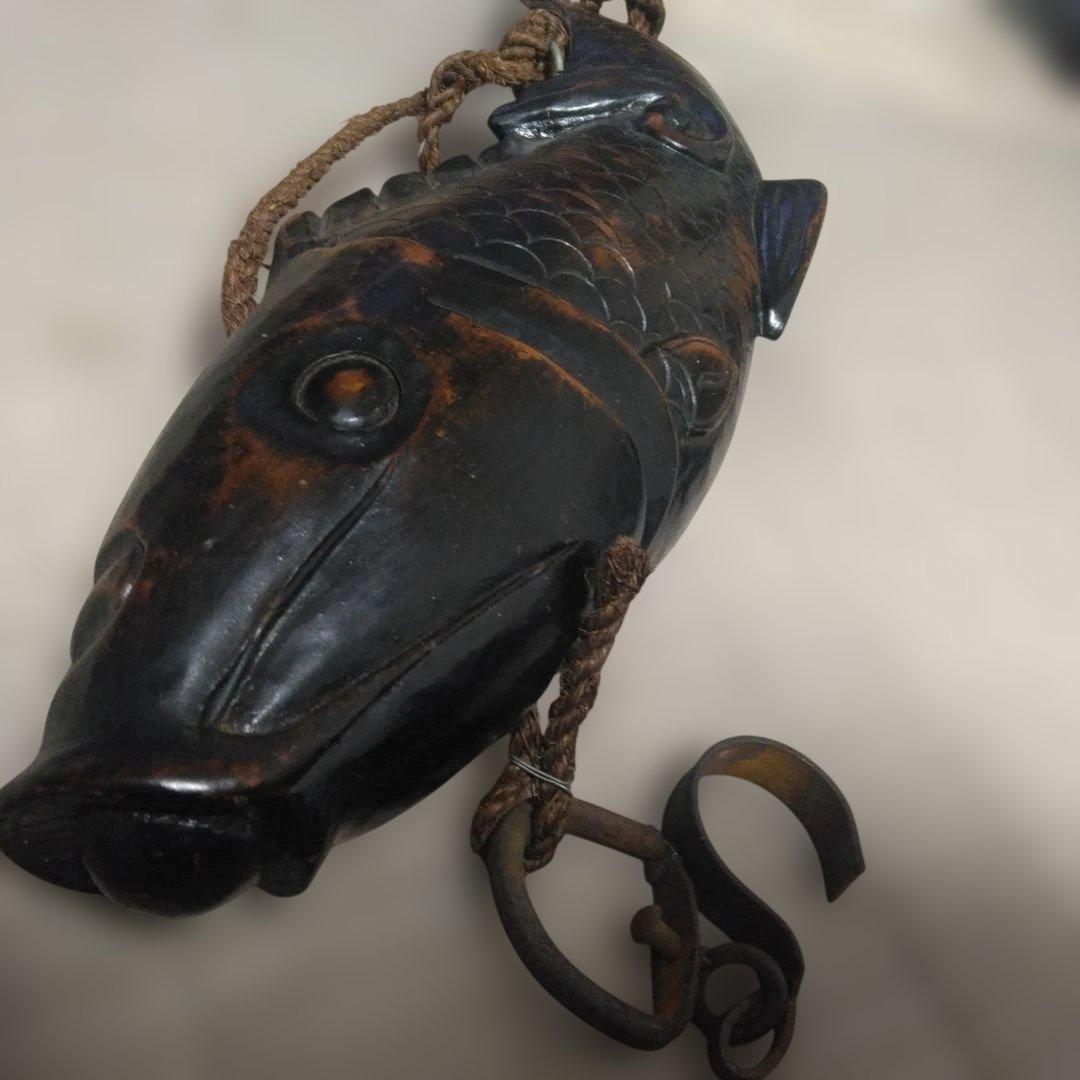 時代物 木製／自在鉤 魚 鯉 横木 全長47cm 囲炉裏 古民芸