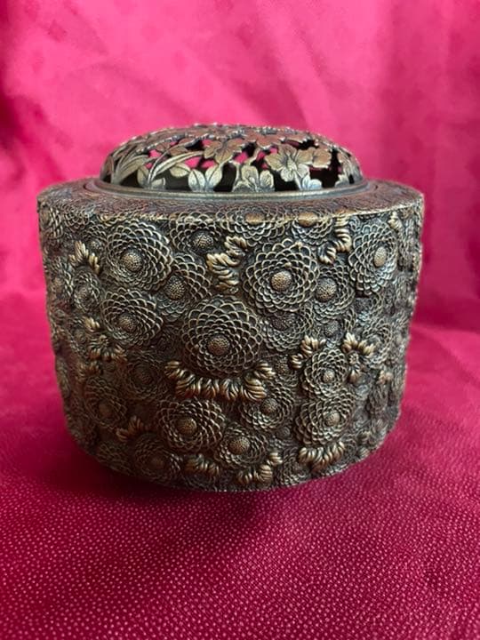 香爐 菊華 名匠 佐野宏采 高岡銅器 花彫刻 銅香炉 茶道具