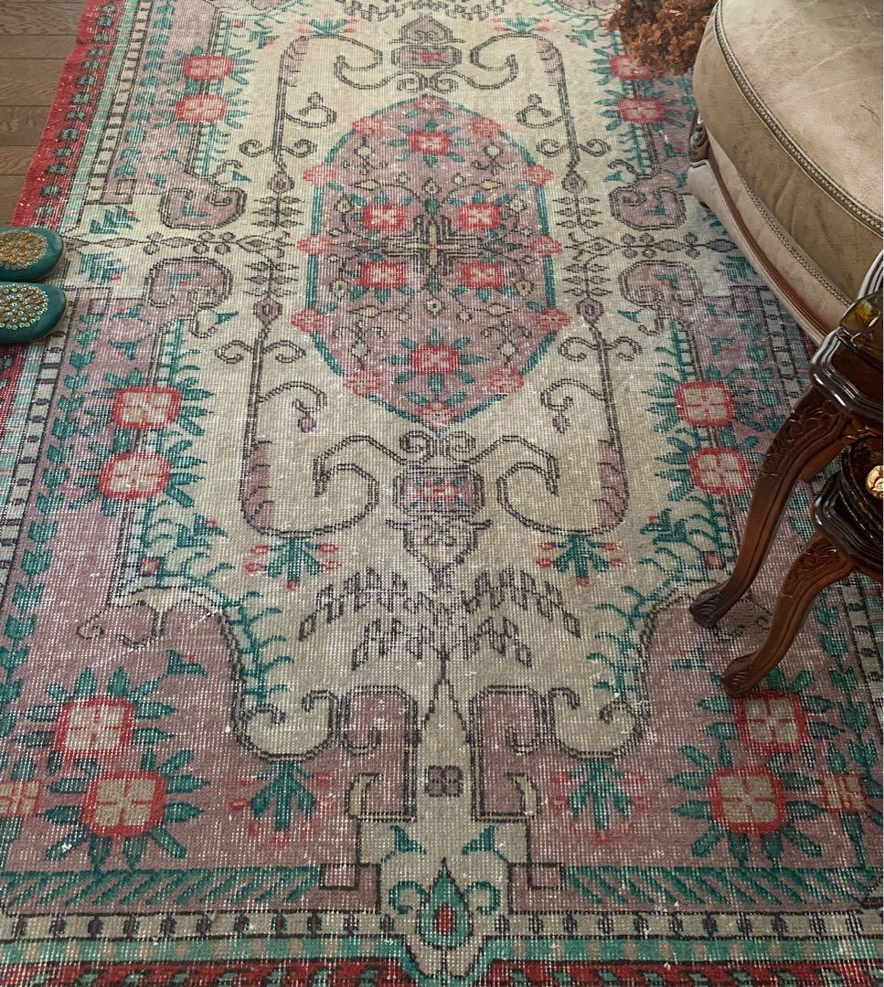 トルコヴィンテージラグ　205×122 モーヴピンク　フラワー　トルコラグ