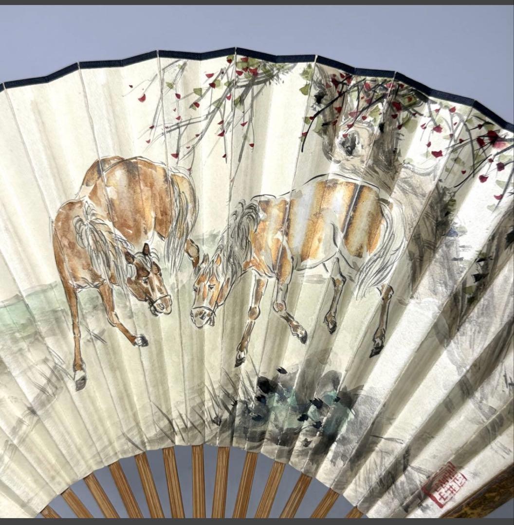 時代物 旧家整理品 扇子 斑竹扇骨 紙本肉筆 金夢石在銘、在印有り 古物保証