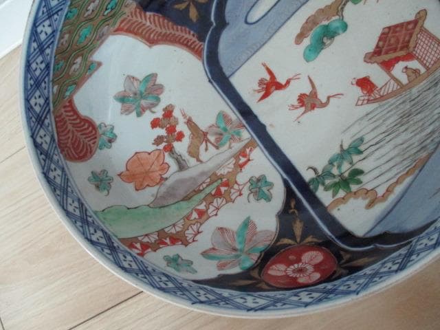 古伊万里　江戸幕末～明治期頃　染錦　鹿鶴文　三つ鉢
