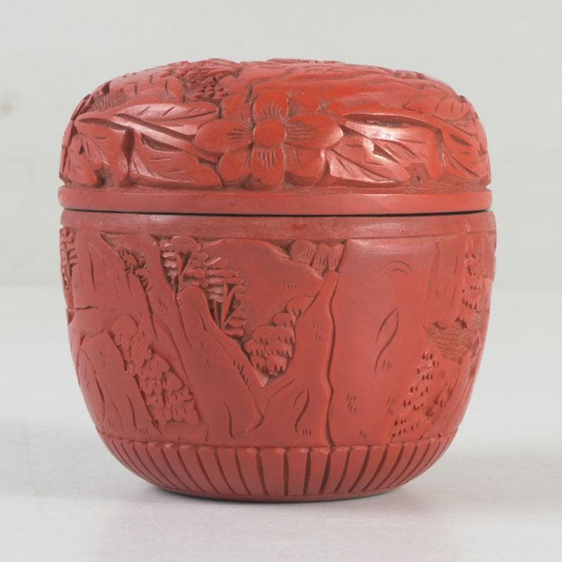 中国　剔紅　堆朱　花草山水刻　棗　時代箱　V　9767