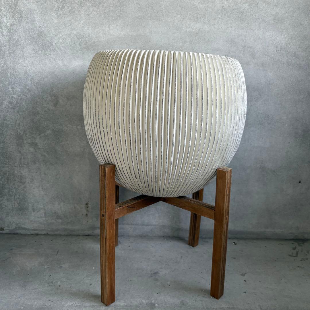 ストライプ模様 陶器 植木鉢 ウッドプランタースタンド付き