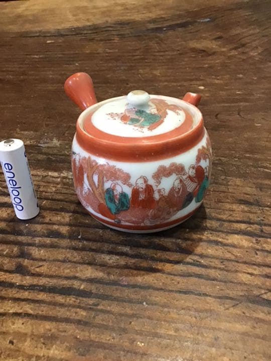 越中丸山焼　赤絵茶唐人画急須　江戸時代　九谷焼派生窯