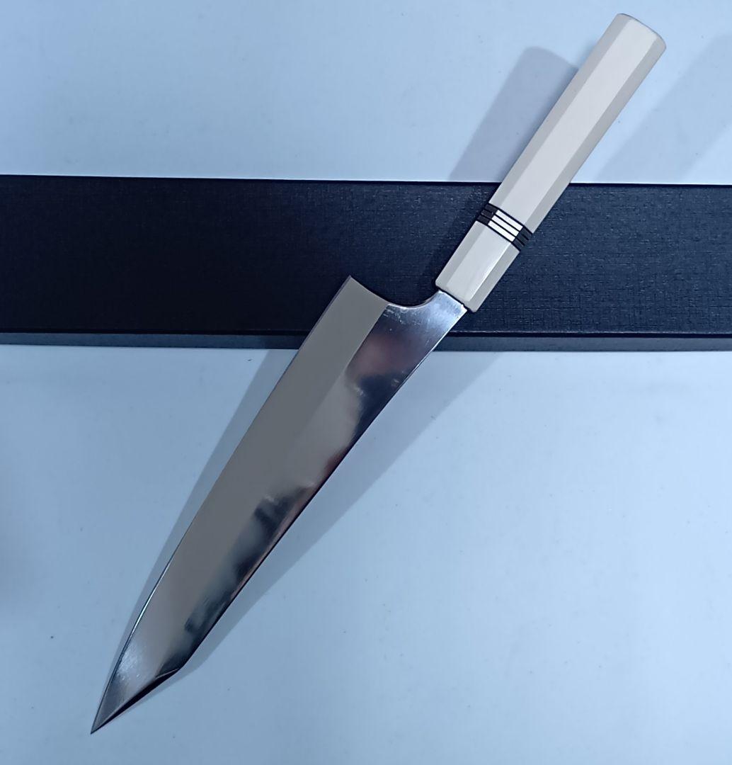 ステン本焼V金10号切付牛刀包丁24cm右片刃 鏡面 人工象牙八角柄