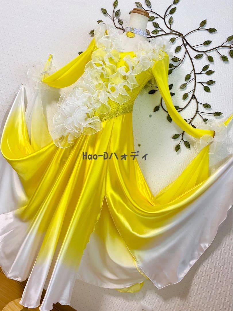 新品同様★ドレス★フリル★白黄グラデーション★社交ダンス