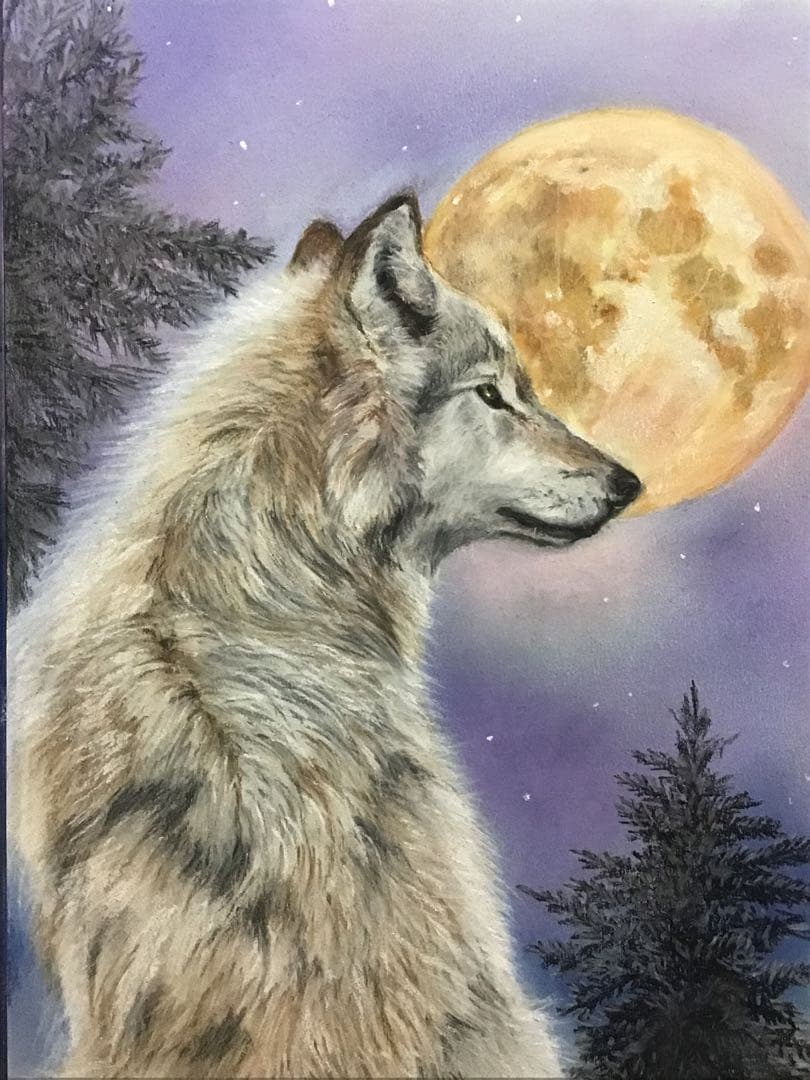 moon wolf ハンドメイドパステル画　絵画アート原画