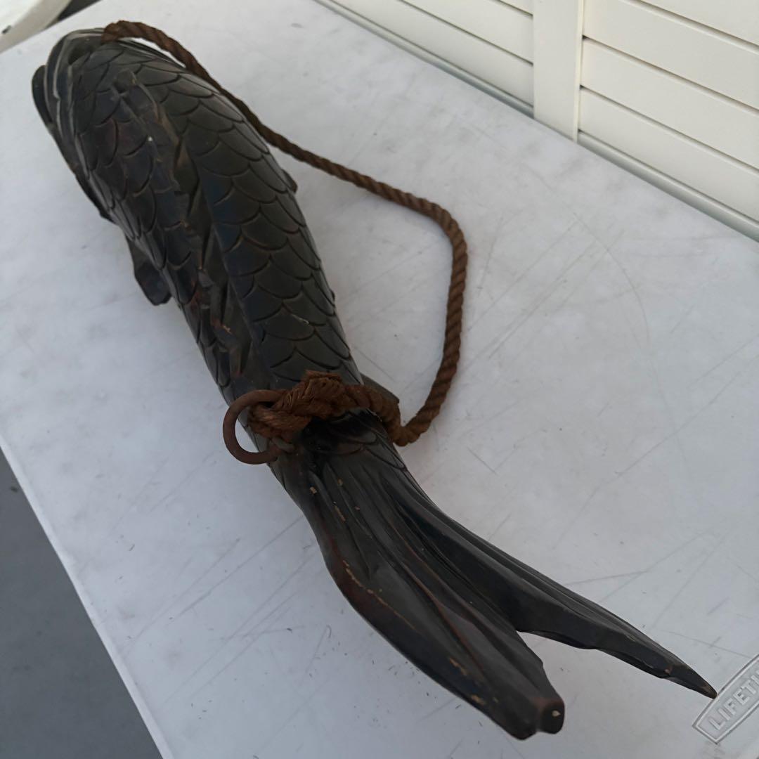 古作■自在鉤 無垢材 鯉型 精緻彫刻 吊り縄 鉄鈎付き 囲炉裏 古道具