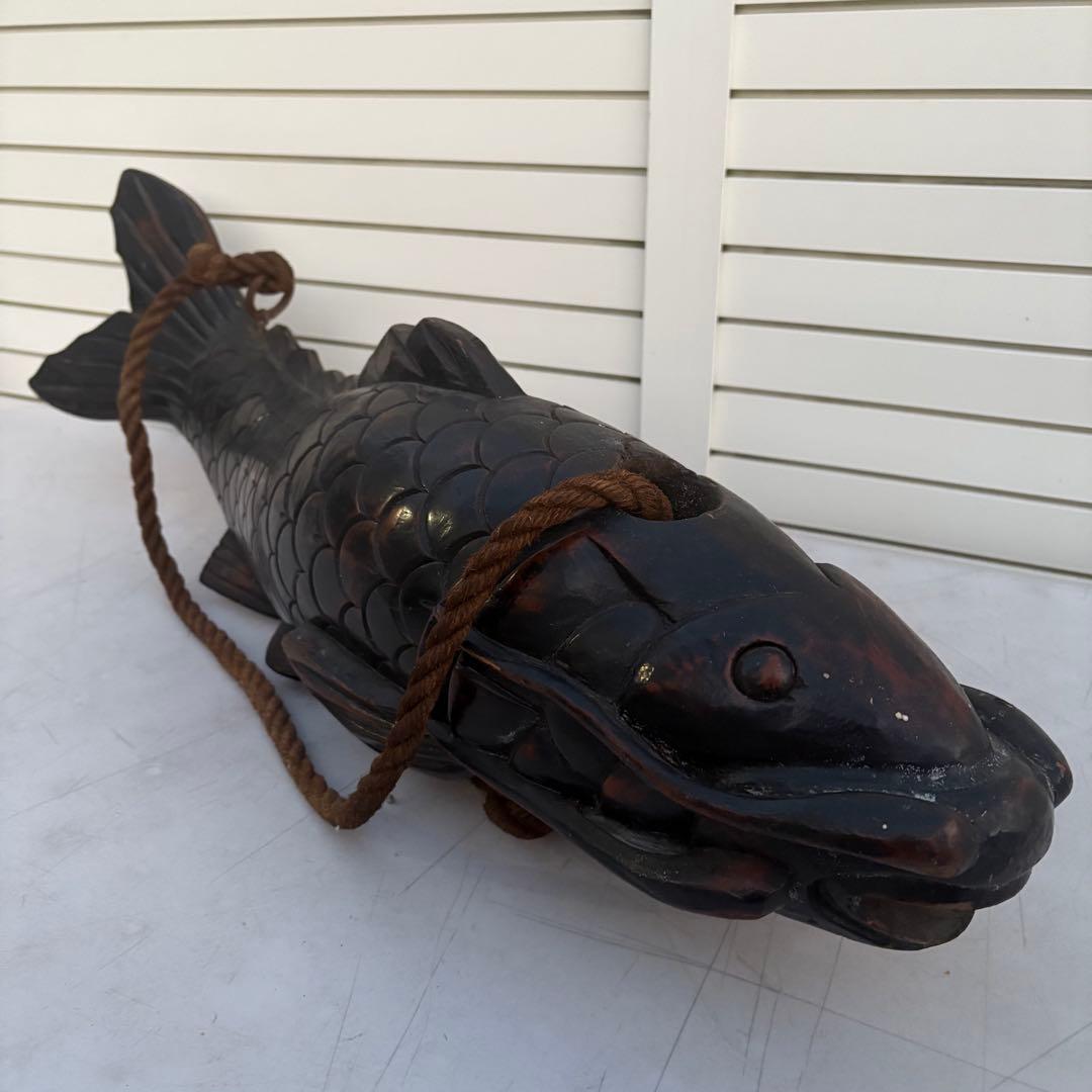 古作■自在鉤 無垢材 鯉型 精緻彫刻 吊り縄 鉄鈎付き 囲炉裏 古道具