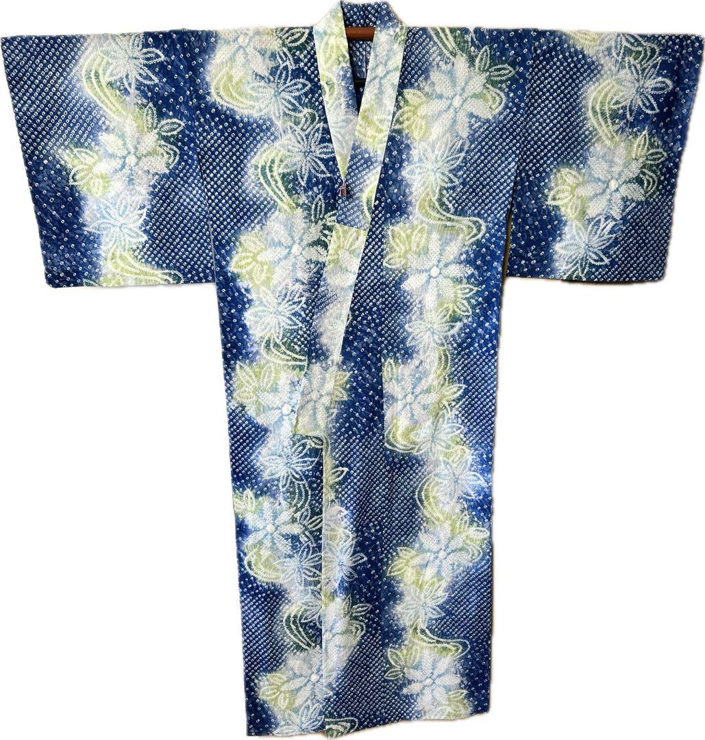やまと謹製　裄70 有松絞り　絞り浴衣　花柄　藍色×白