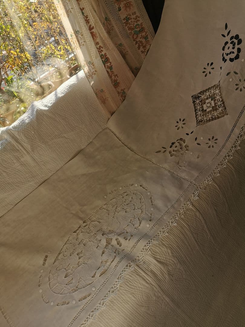 アンティークフランス オープンカットワーク リシュリュー天使 手刺繍ロングクロス