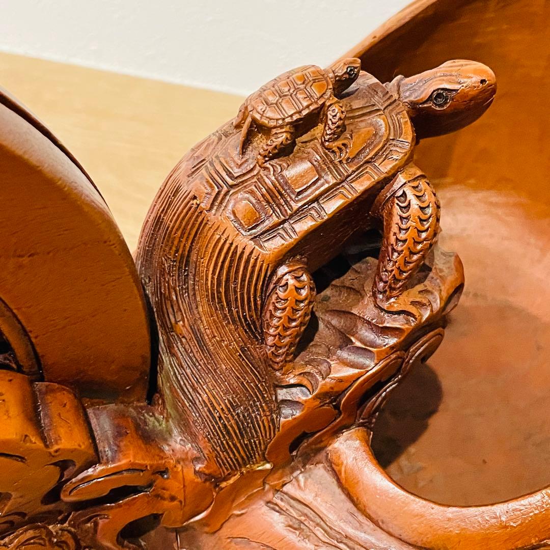 大型 彫辰作 鶴亀彫 親子亀 墨壺 墨つぼ 墨壷 置物 木製 在銘 大工道具