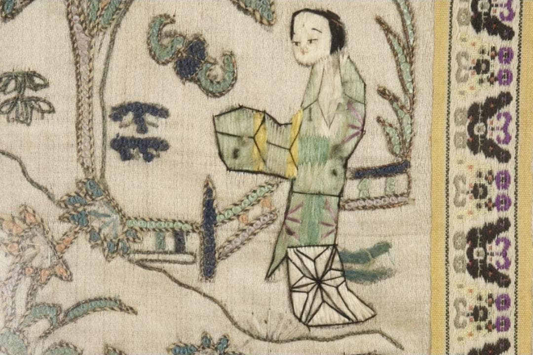 【珍】　★ 額装 才子佳人図繍片 ★　民国時期　刺繍 人物紋 亭台紋　民間織繍