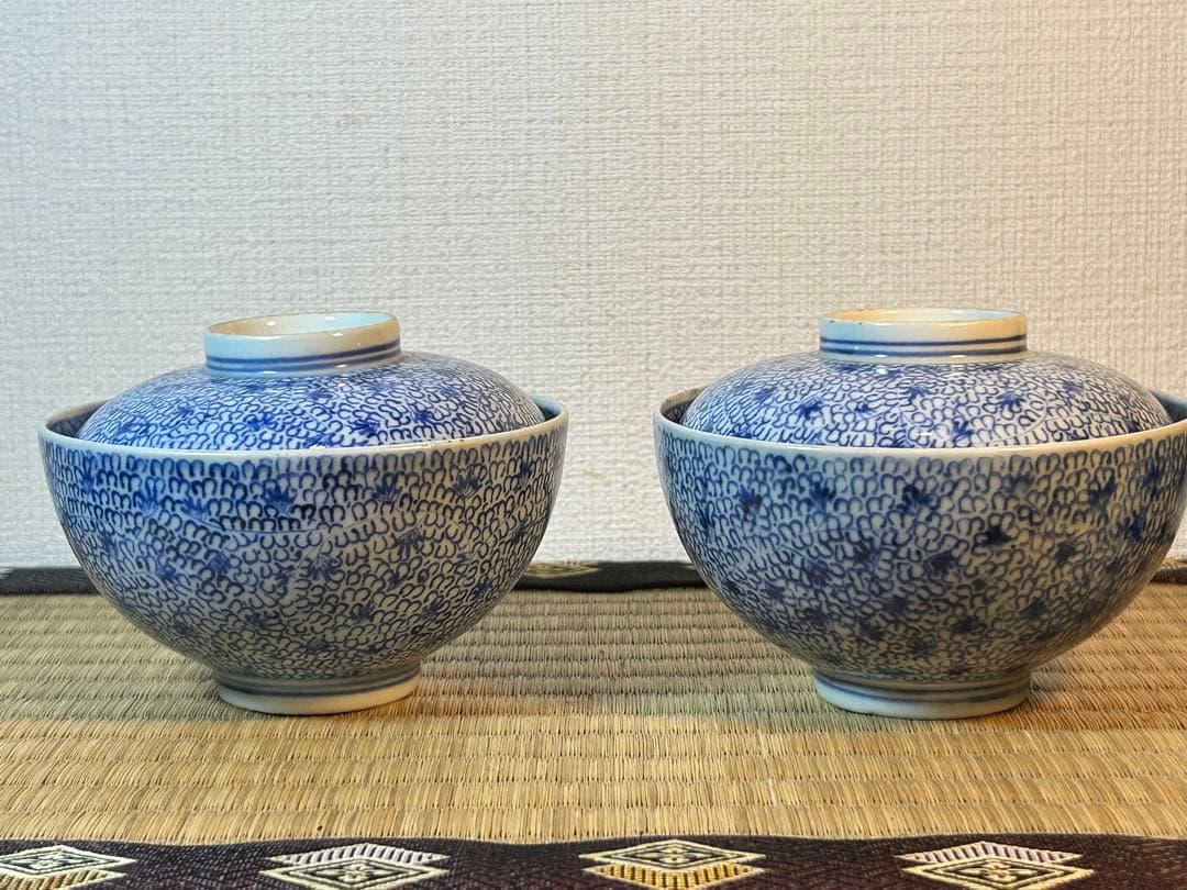 古伊万里染付 微塵唐草模様飯茶碗 江戸時代後期　2客 無傷