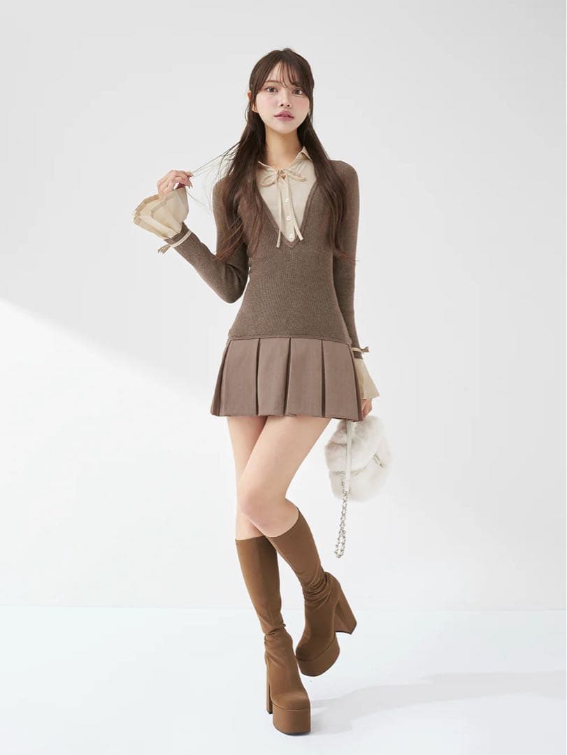 Darich シャツドッキングプリーツミニワンピースモカ MOC FREE