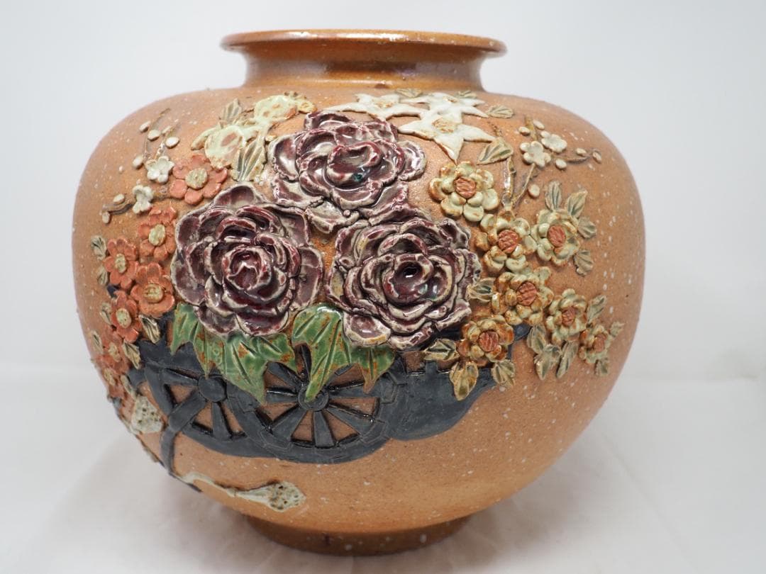 信楽焼　盛絵　花瓶　壺　-SO