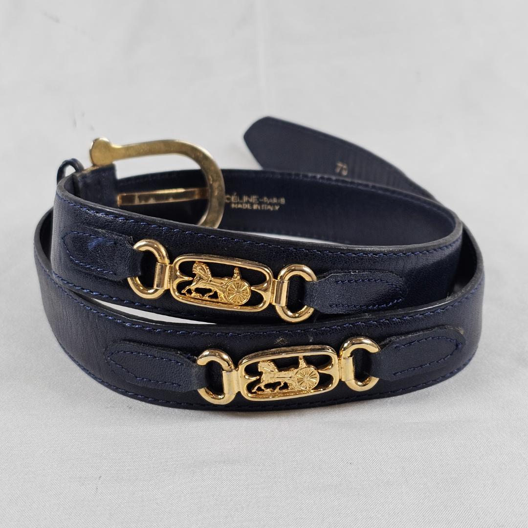 希少 セリーヌ 馬車金具 レザー ベルト 紺 70