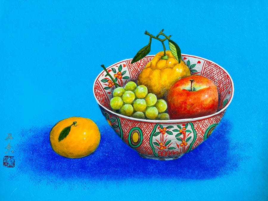 実力作家 五十川昇乗「 静物」日本画 8号 縦32cm 横41cm 果物