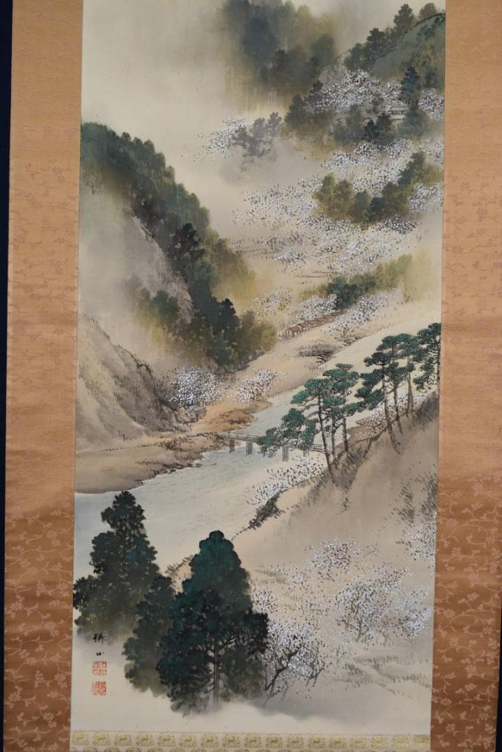 【真作】村瀬環山/大和月瀬梅林遠望之図/春景梅花図/掛軸/名家伝来/AA-652