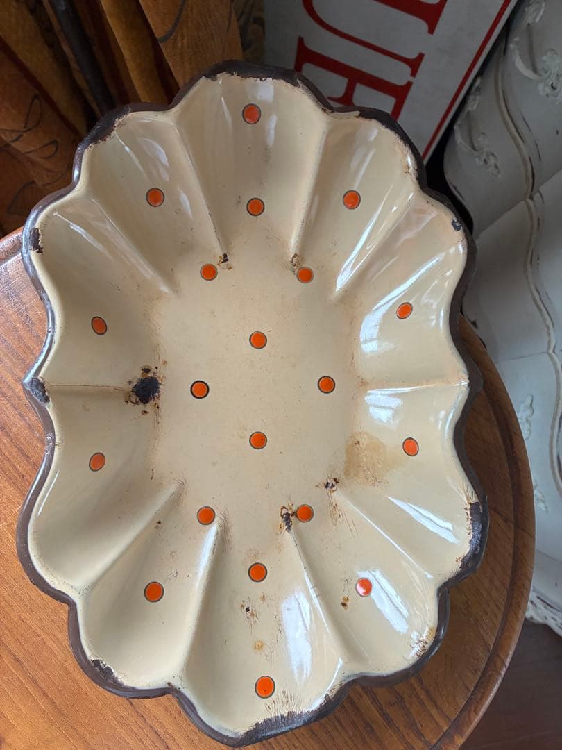 フランス　アンティーク　ホーロー　トレイ　プレート　ポルカ　ドット　水玉　レア