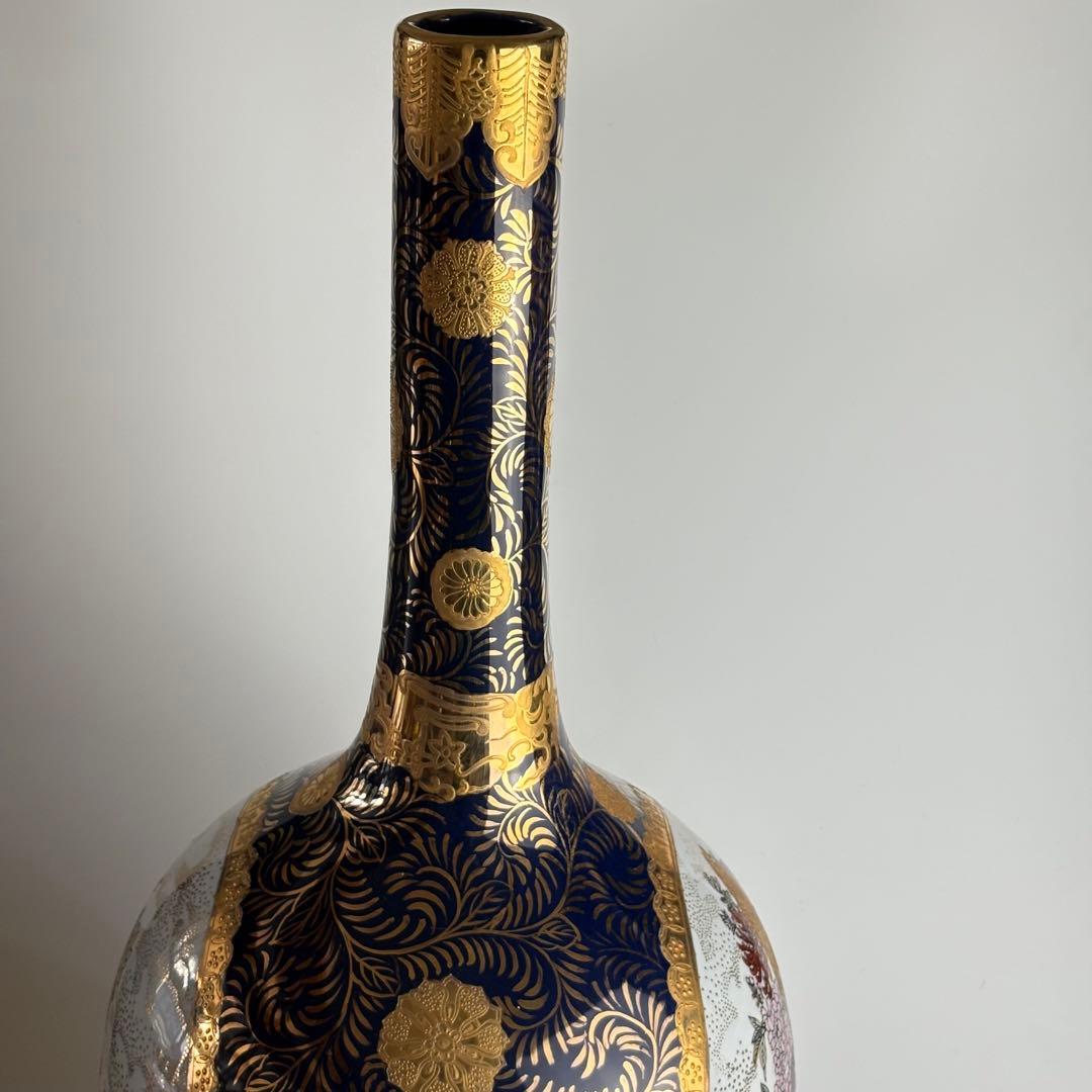 栄盛窯 瀧山作 薩摩焼 金襴手 花鳥図 鶴首花瓶 高さ約65cm 花瓶 花入れ