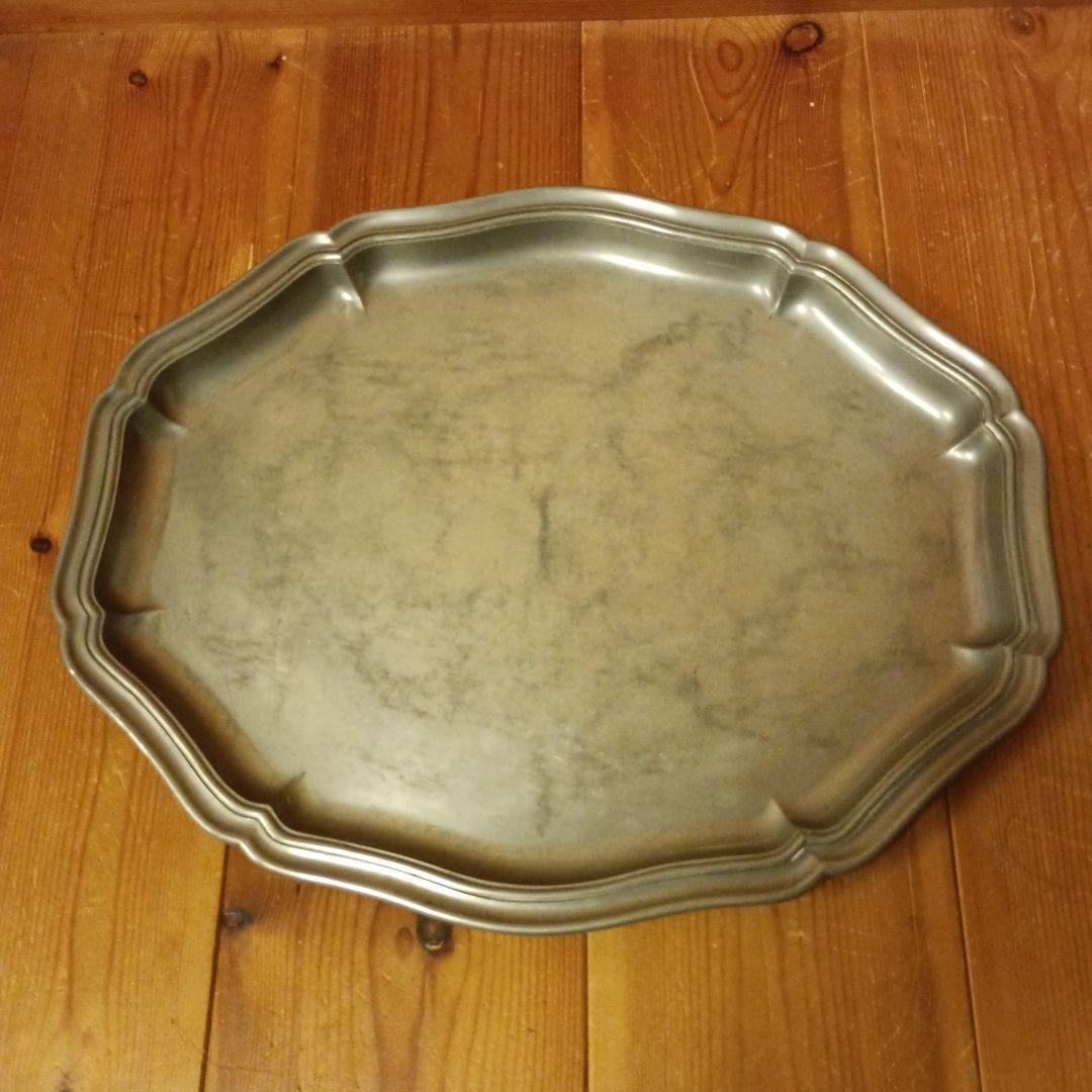 フランス アンティーク ピューター エタン オーバルプレート 花リム トレイ