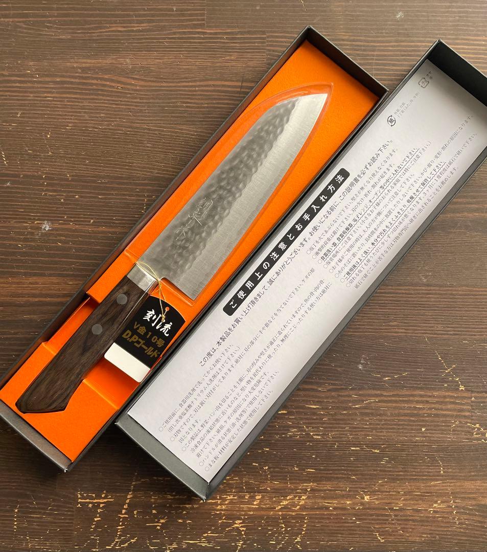 増谷刃物 訓平作 三徳包丁 VG10ステンレス 積層槌目 刻流 口金有 スコッチ