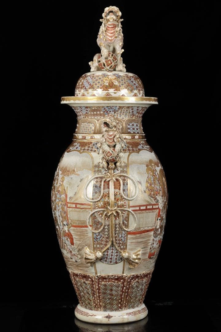 【極上薩摩焼】特大金襴手色絵 獅子 香炉 飾壺 陶器 骨董 古美術 アート 花瓶