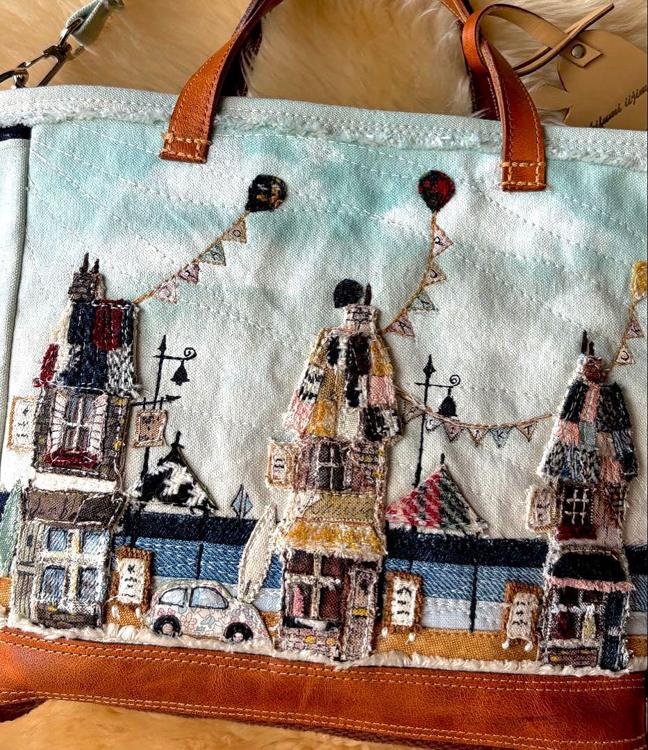 (手づくり)\"海の見える街\"ショルダートートバッグ刺繍アップリケ