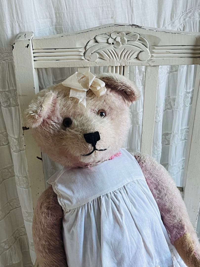 ドイツアンティークビンテージピンクテディベア ぬいぐるみベアビスクドールドレス