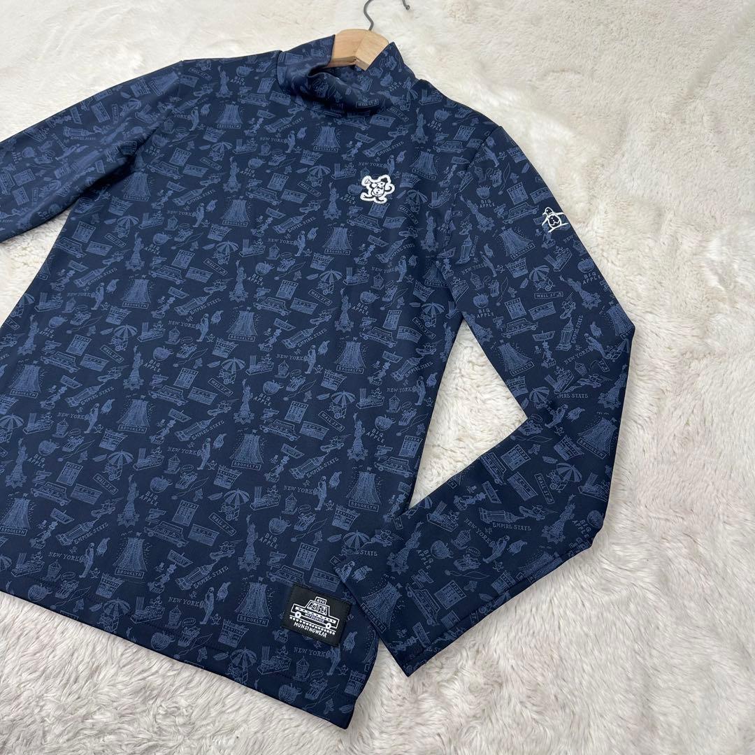 ✨美品✨マンシングウェア 西脇光重コラボ 防風 NY総柄 ハイネックシャツ 紺