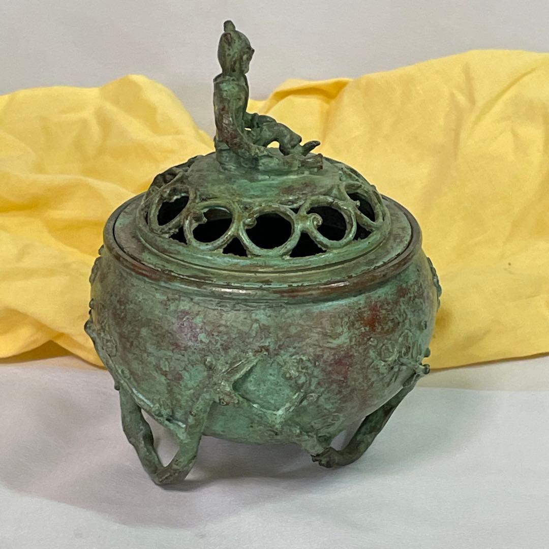 高岡銅器 須賀七郎作 月芳 蝋型鋳銅 香炉 唐子蓋梅文 共箱 証書 栞 時代物