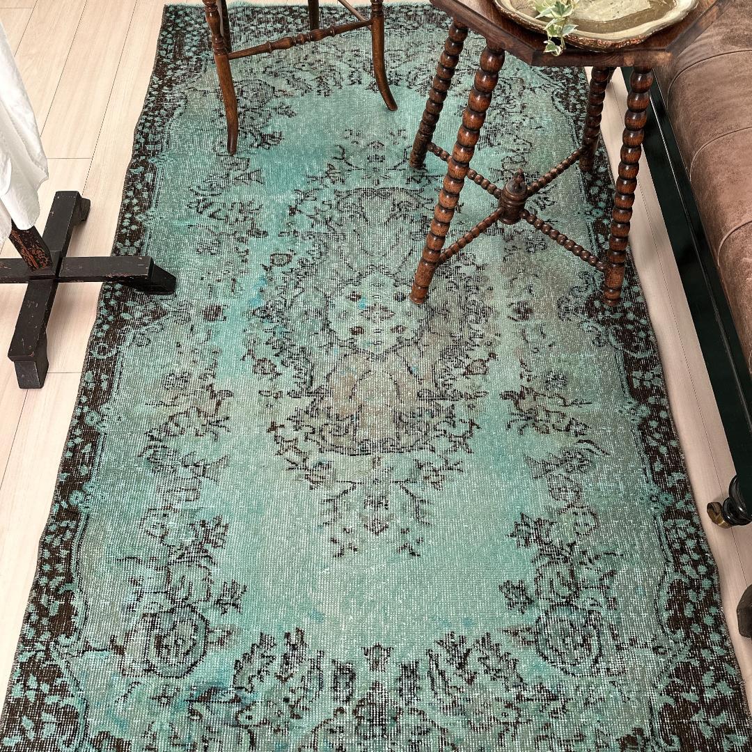 トルコ ヴィンテージラグ A105 定番柄 ターコイズブルー オーバーダイ