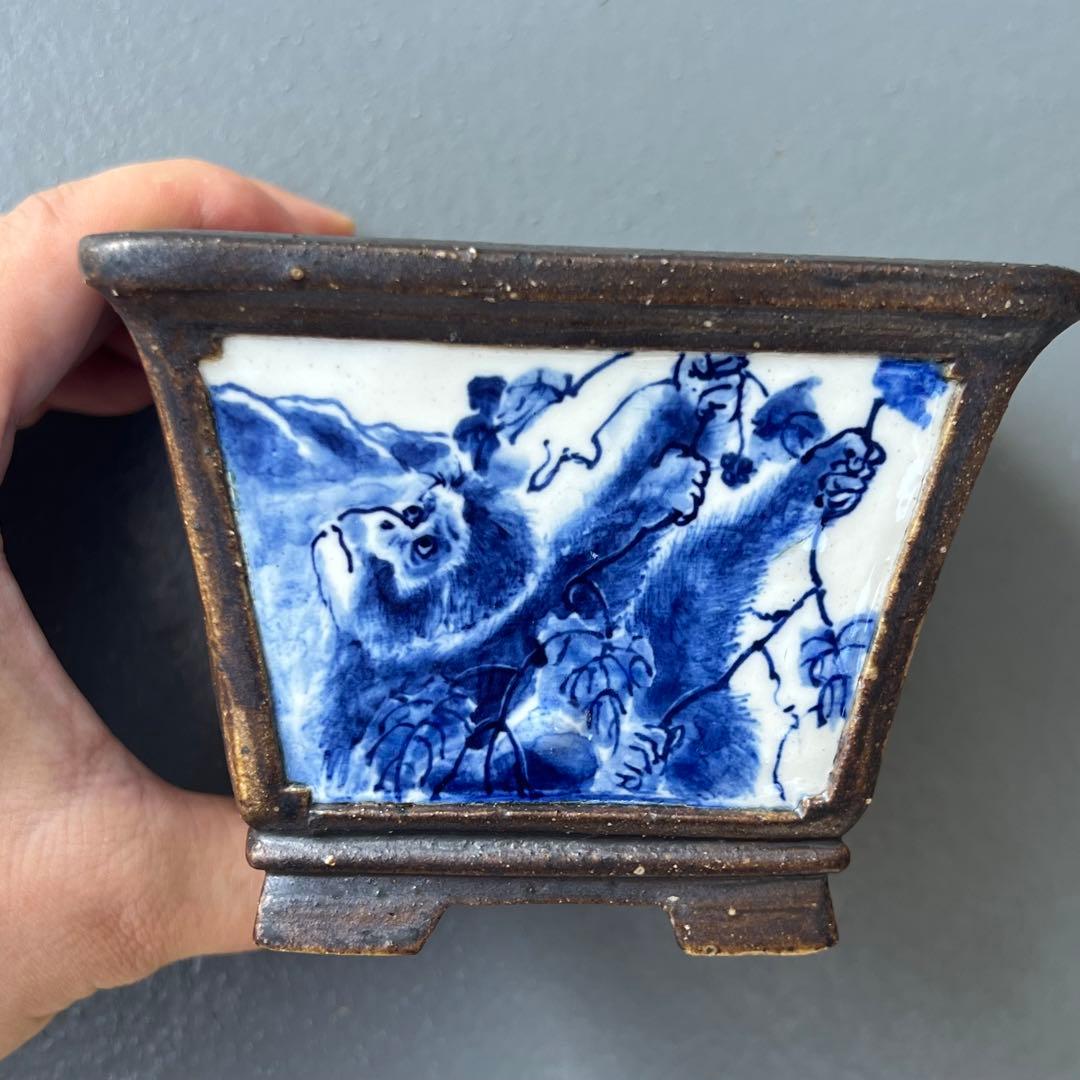 828.余悦余快 染付正方 現代小鉢作家展絵付の部金賞作家 盆栽鉢 植木鉢