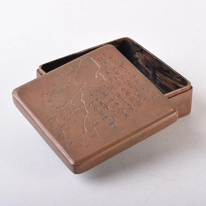中国　古銅　唐銅　漢詩梅花刻　蓋物　四方箱　墨箱　M　R8649