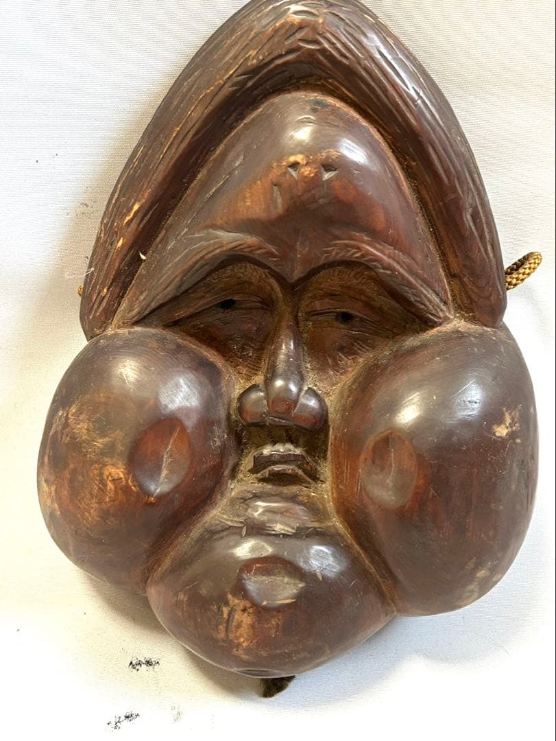 古い木彫　おかめ　在銘